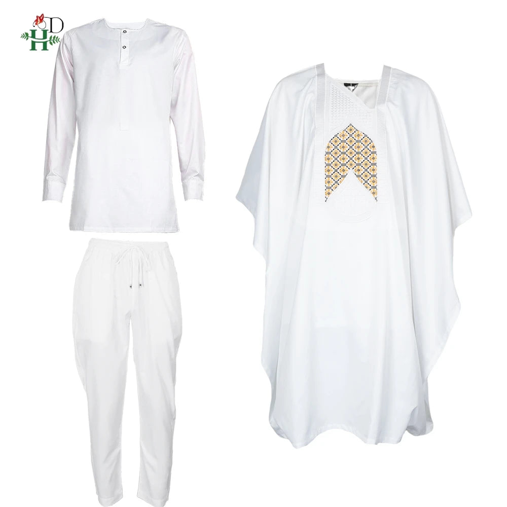 H&D African Clothing Traditional 3PCS Outfit For Man Bazin Riche Agbada Embroidery Wedding Party Plus Size Muslim Men Clothing