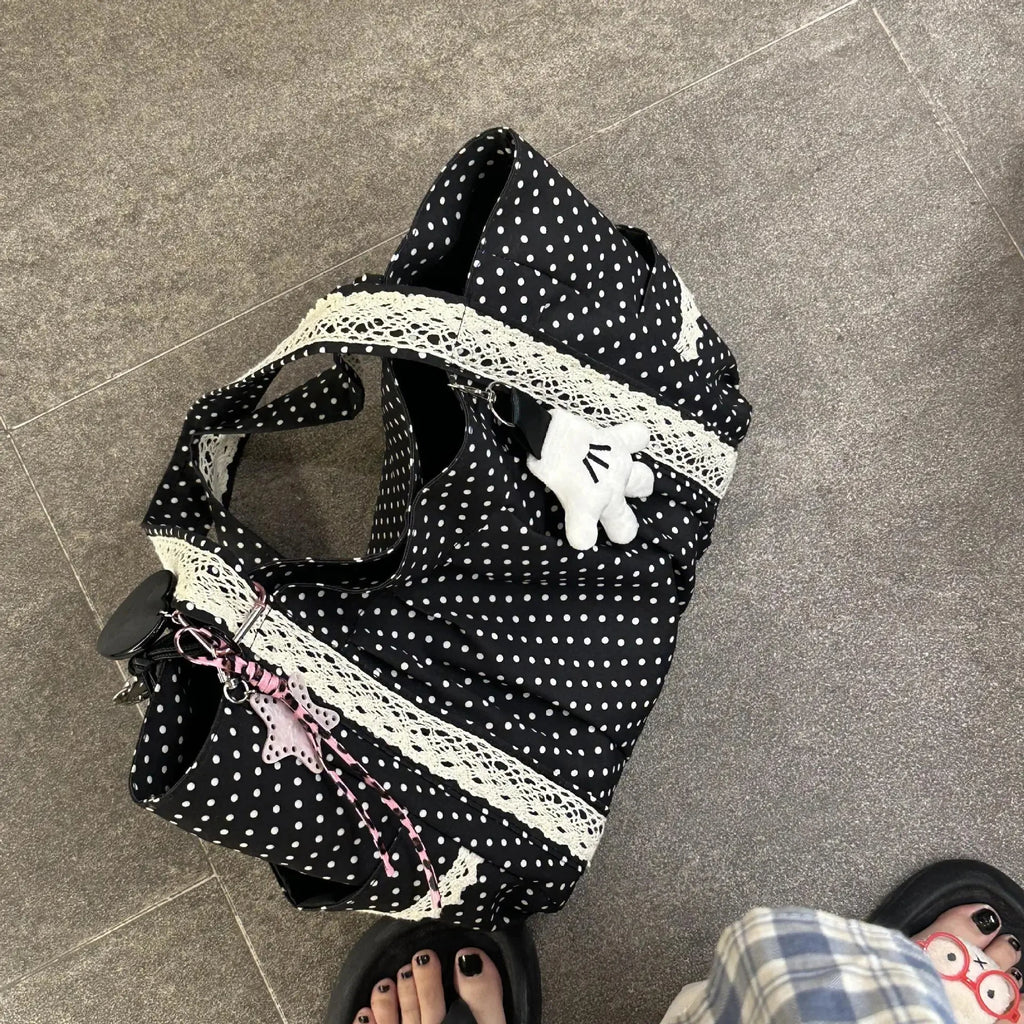 Korean Polka Dot Shoulder Bag For Women Retro Fashion Large Capacity Tote Bag Literary Work Commute Versatile Canvas Handbag
