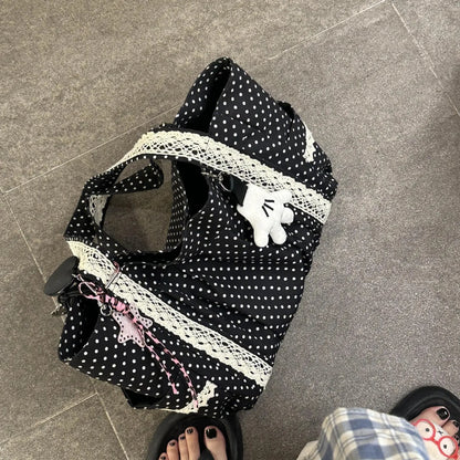 Korean Polka Dot Shoulder Bag For Women Retro Fashion Large Capacity Tote Bag Literary Work Commute Versatile Canvas Handbag