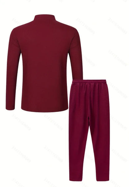 Men's Waffle Check Stand-Up Collar Semi-Casual Business Suit Button-Down Top with Comfortable Trousers have 1/2pieces