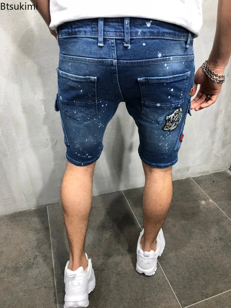 2026 Men's Summer Short Jeans High Stretch Fashion Casual Denim Shorts Male Slim Fit Elastic Badge Pockets Hole Shorts for Men