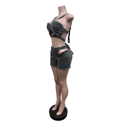 Ensemble 2 pièces Denim – Top Halter & Short Mini – Style Sexy & Club
