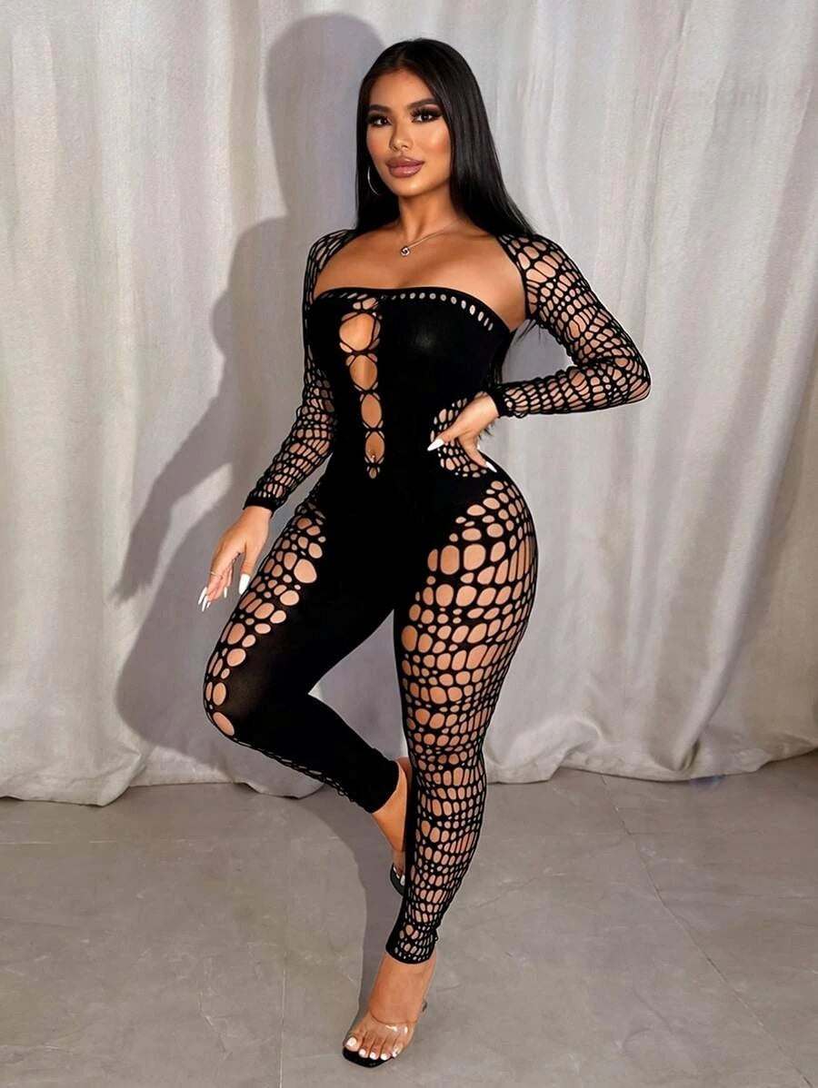 Nibber Sexy Hollow Strapless Jumpsuit+Shawl Women See Through Coquette Hipster Midnight Clubwear Activity Slim Workout Overalls