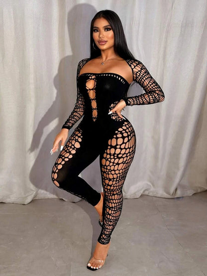 Nibber Sexy Hollow Strapless Jumpsuit+Shawl Women See Through Coquette Hipster Midnight Clubwear Activity Slim Workout Overalls