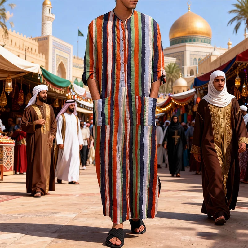 New Men Islam Qamis Muslim Striped Robes Long Sleeve Button-down Arabian Kaftan Suit Middle East Dubai Abaya Summer Man Clothing