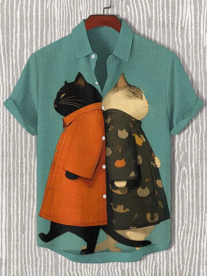 Funny Men's Cat Drinking Beer Shirts 3D Print Hawaiian Shirts Summer Men Women Short Sleeve Blouse Casual Vacation Beach Y2k Top