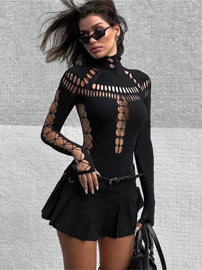 Body femme ajouré avec laçage croisé et manches longues, coupe moulante sexy, tenue de soirée ou club, style streetwear Y2K.