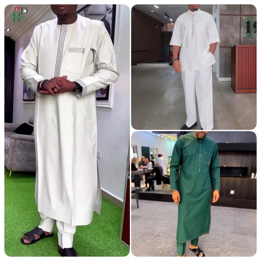 New African Traditional Clothes For Business Men Embroidery Dashiki Robe Shirt and Pants Sets 2 PCS Outfits Wedding Party 2025