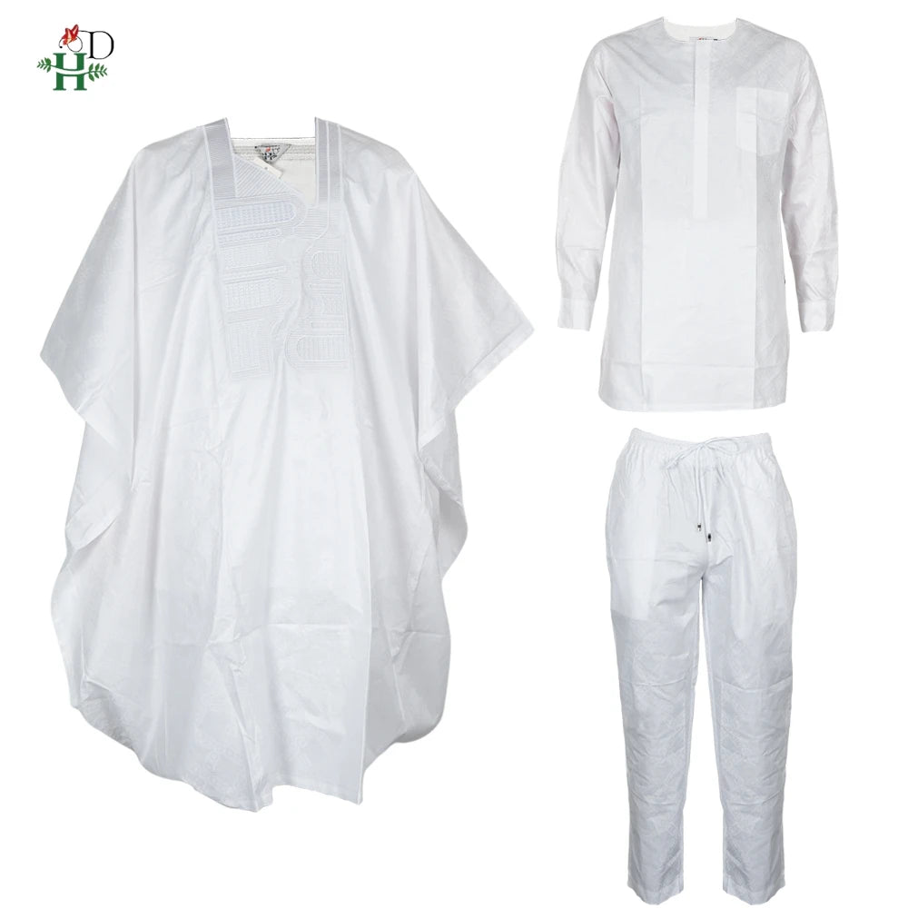 H&D African Clothing Traditional 3PCS Outfit For Man Bazin Riche Agbada Embroidery Wedding Party Plus Size Muslim Men Clothing