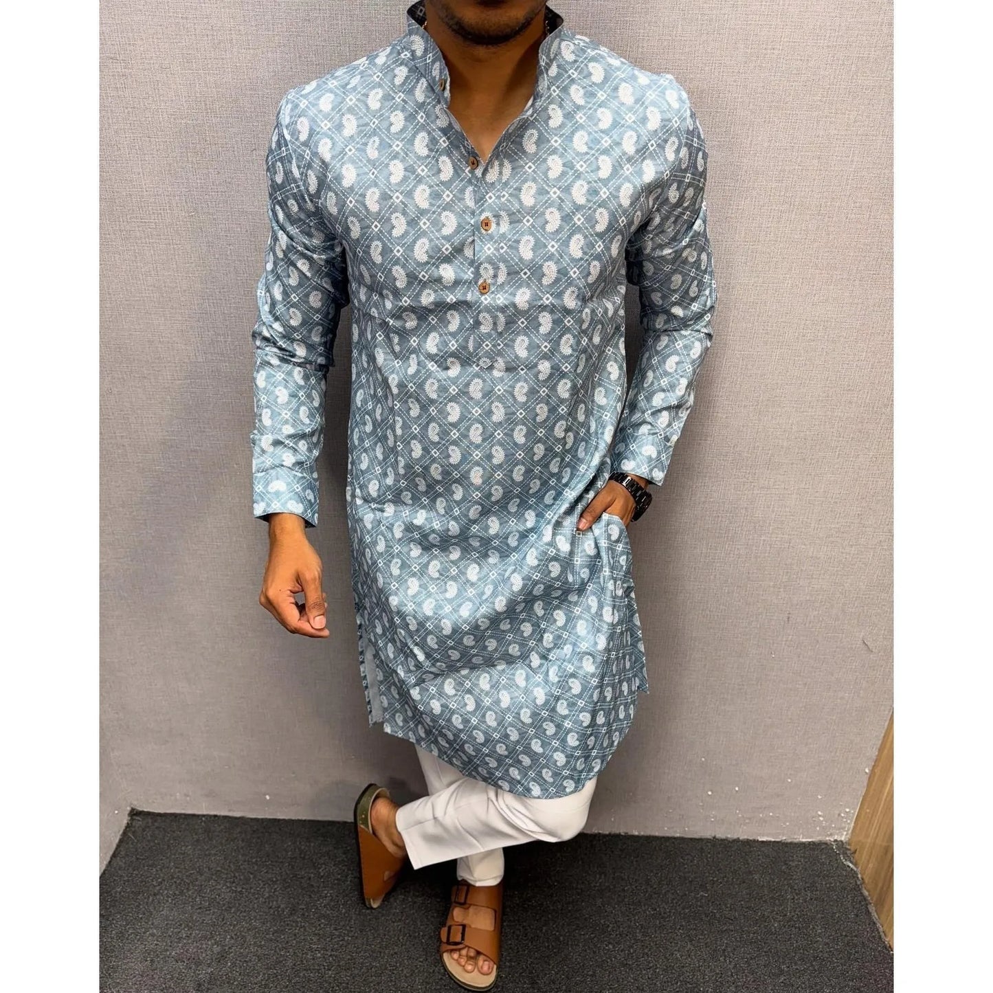 Vardha Regular Fit Kurta Mandarin Collar Long Suitable All Occasions Such Wedding Hari Raya Aidilfitri Prayer Wear Man