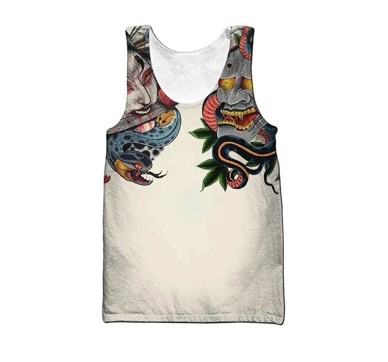Samurai Oni Mask Tattoo 3D All Over Printed Men vest Summer Harajuku Sleeveless T-shirt Unisex Casual Polyester Tank Tops