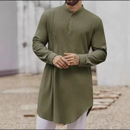 2026 Summer New Muslim Middle East Arab Malaysia Mens Button Cotton Linen Shirt Muslim Robe Long Sleeve Traditional Tops