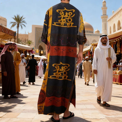 Men's Muslim Robes Ethnic Graphics Printed Long Sleeve Cotton Pockets Robes Casual Islamic Arab Kaftan Dubai Kaftan 2025 New