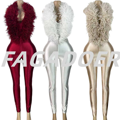 FAGADOER Winter New Sexy Fur Patchwork Bodycon Jumpsuits Woman Halter Deep V-neck Sleeveless Rompers Female Streetwear Overalls