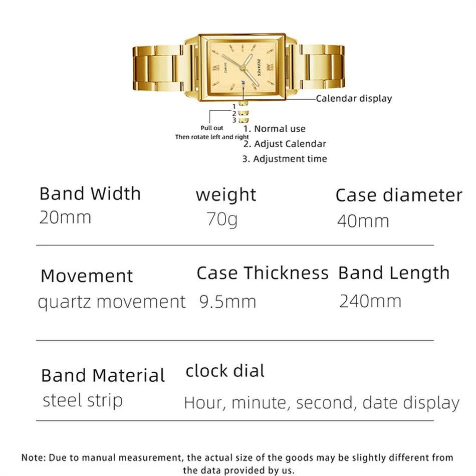 Top Brand Luxury Watches for Men Fashion Quartz Wristwatch Square Gold Stainless Steel Watch Band Business Clock Gold Watch