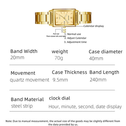 Top Brand Luxury Watches for Men Fashion Quartz Wristwatch Square Gold Stainless Steel Watch Band Business Clock Gold Watch
