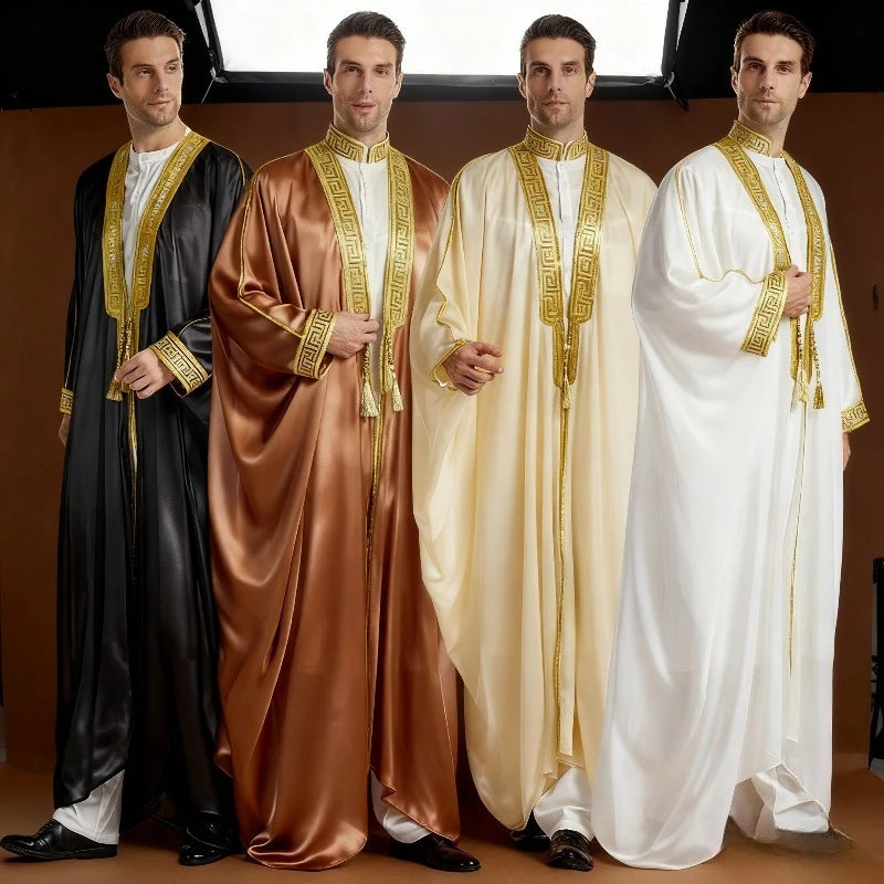 Islamic Men's Embroidered Prayer Robe Moroccan Open Abaya Kimono Eid Al Fitr Traditional Muslim Costume