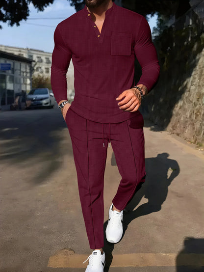 Men's Waffle Check Stand-Up Collar Semi-Casual Business Suit Button-Down Top with Comfortable Trousers have 1/2pieces