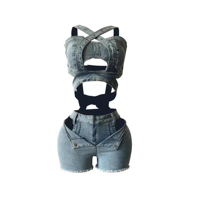 Ensemble 2 pièces Denim – Top Halter & Short Mini – Style Sexy & Club
