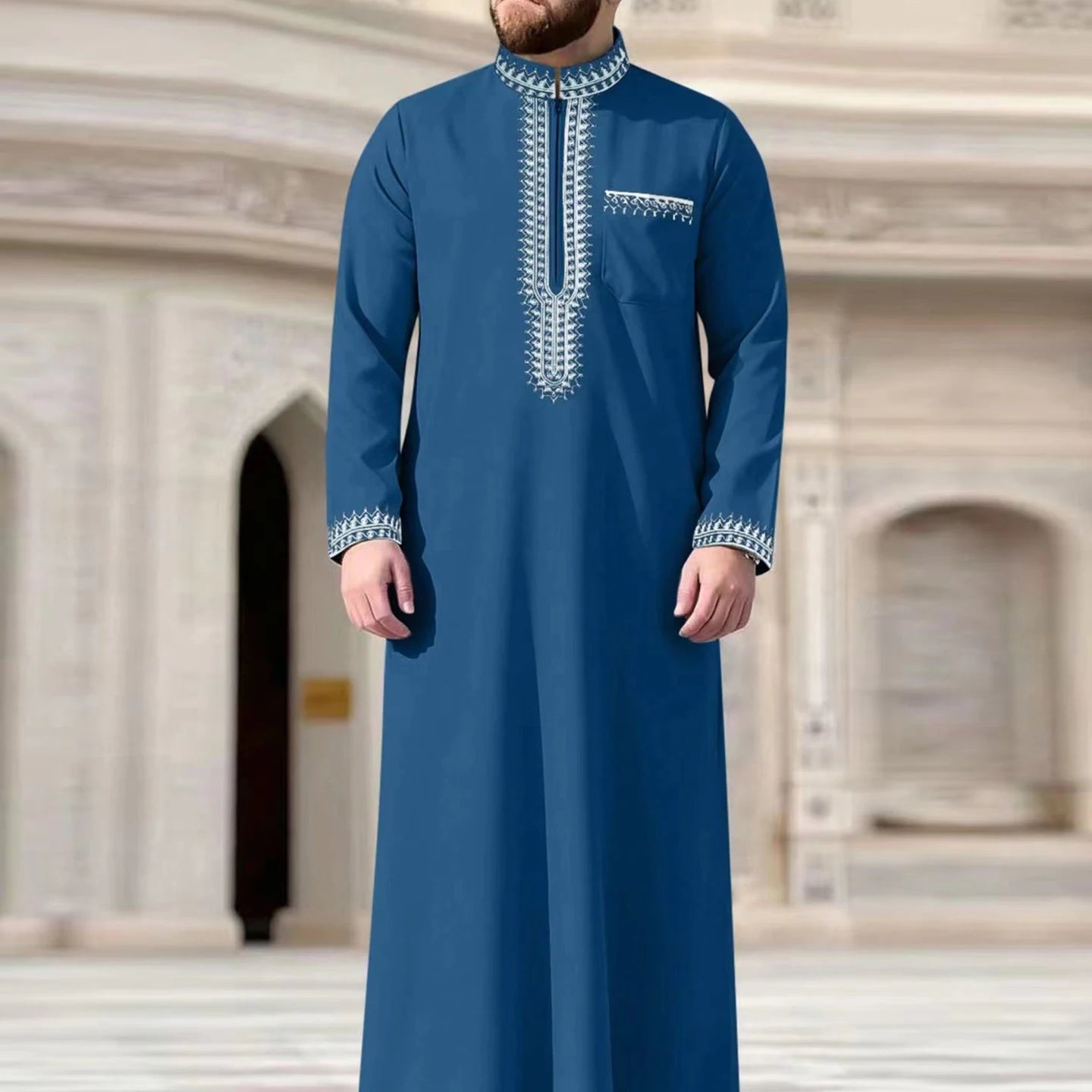 Muslim men's thobe long sleeves embroidered stand-up loose casual Saudi Arabia Islamic men's Abaya parties traditional clothing