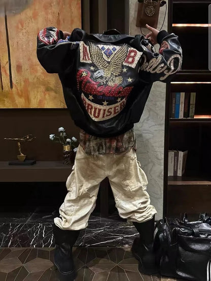 Heavy Industry Embroidery American Retro Motorcycle Coat Men's and Women's Stand Collar Flight Jacket Leather Jacket New Coat