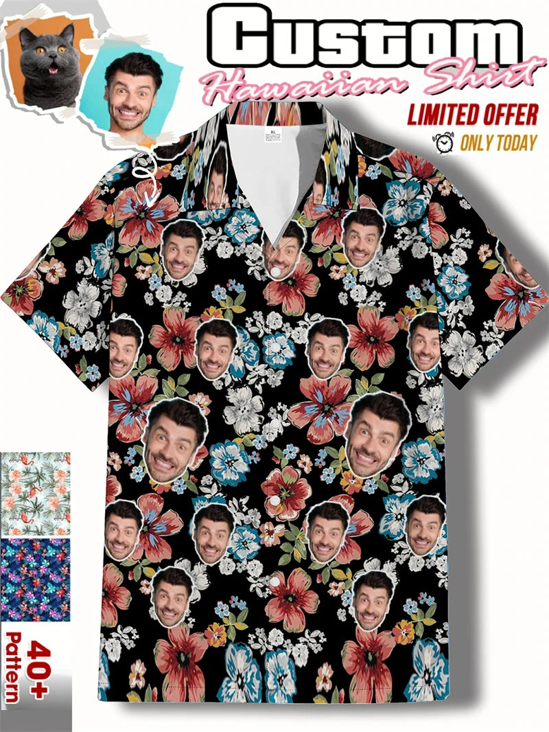 Free Custom Photo Face Team Hawaiian Man Shirts Coconut Tree Pattern Personalized Diy Face Beach Men Short Sleeve Aloha Shirts