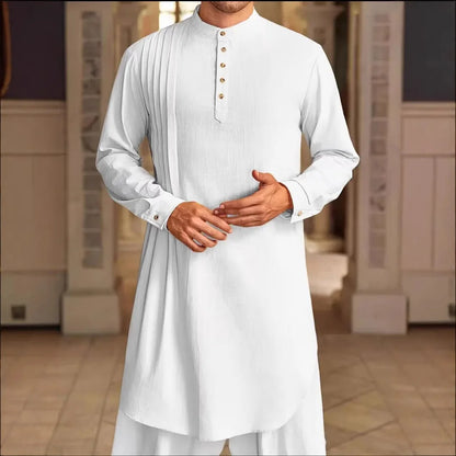 2026 Summer New Muslim Middle East Arab Malaysia Mens Button Cotton Linen Shirt Muslim Robe Long Sleeve Traditional Tops