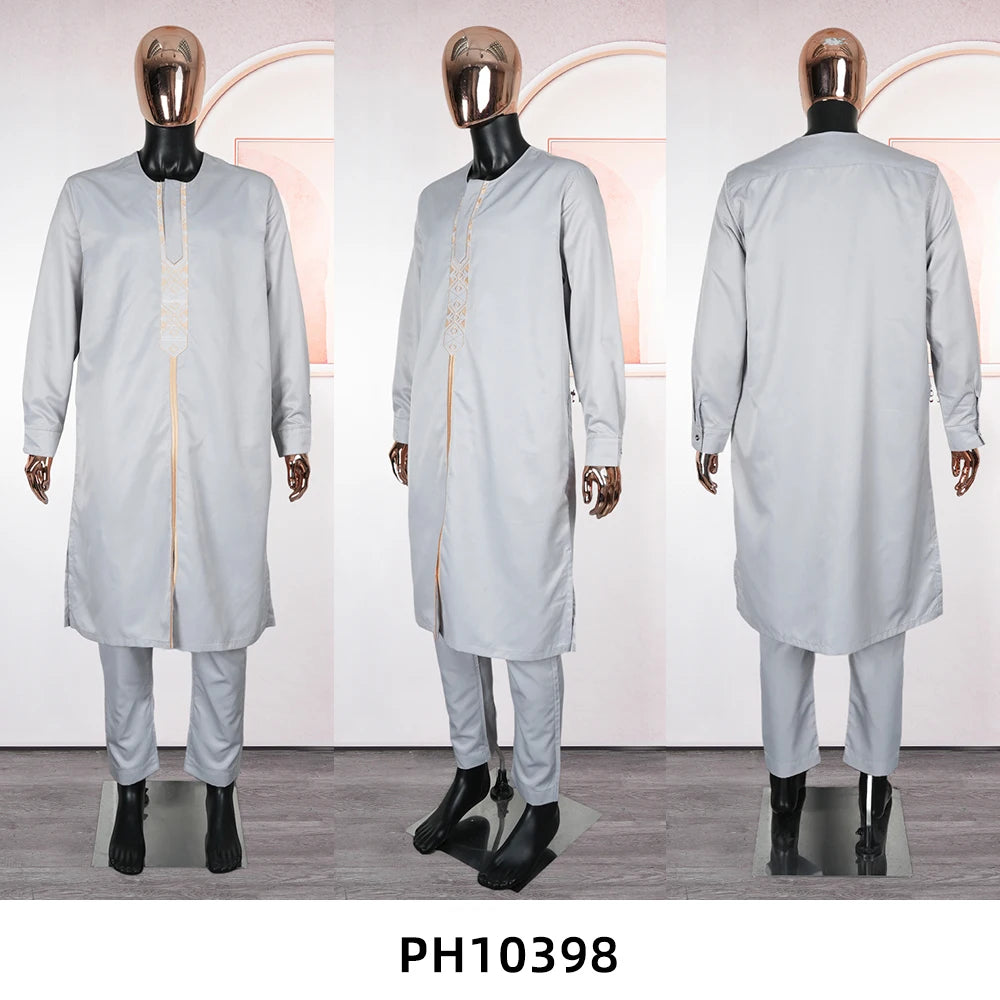 New African Traditional Clothes For Business Men Embroidery Dashiki Robe Shirt and Pants Sets 2 PCS Outfits Wedding Party 2025