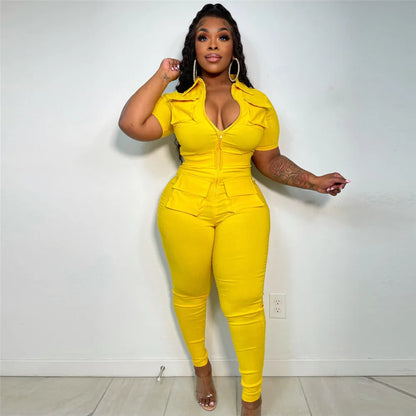 Wmstar Jumpsuit Women Summer Romper V Neck Zipper Short Sleeves Solid Pockets One Piece Outfits Bodysuit Wholesale Dropshipping