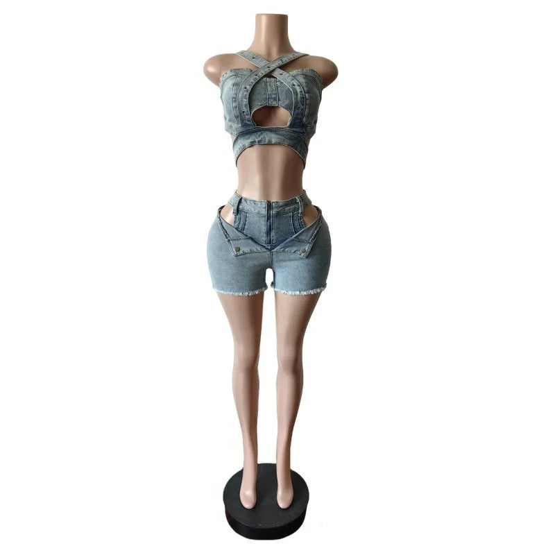 Ensemble 2 pièces Denim – Top Halter & Short Mini – Style Sexy & Club