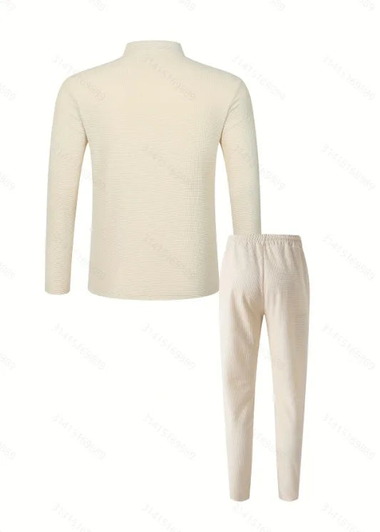 Men's Waffle Check Stand-Up Collar Semi-Casual Business Suit Button-Down Top with Comfortable Trousers have 1/2pieces