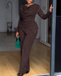 Swing Collar Ruched Jumpsuit Long Sleeve Solid Elegant Office Ladies Asymmetric Hem Autumn Casual Vintage Ruched Slim Rompers