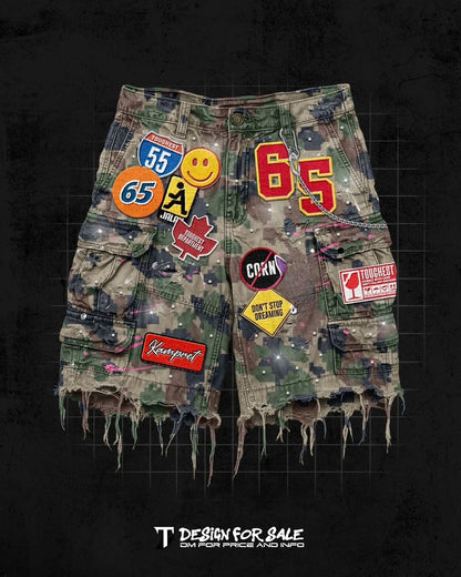 Short Denim Patchwork Cartoon BiggOrange – Style Hip-Hop Y2K, Coupe Loose &amp; Camo Rétro