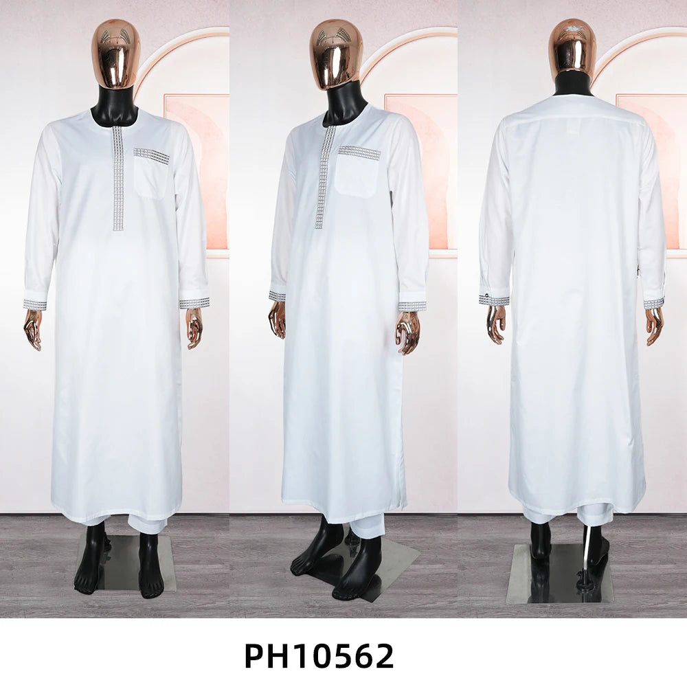 New African Traditional Clothes For Business Men Embroidery Dashiki Robe Shirt and Pants Sets 2 PCS Outfits Wedding Party 2025