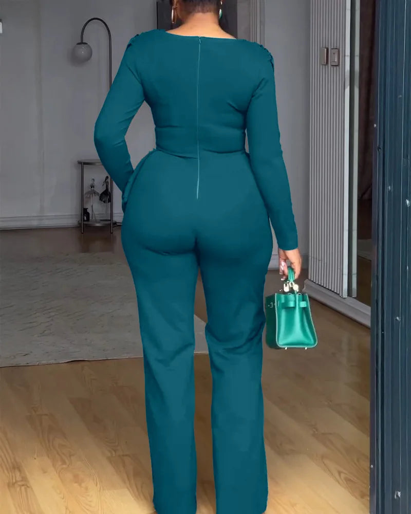 2025 Swing Collar Ruched Jumpsuit Long Sleeve Solid Elegant Office Lady Asymmetric Hem Casual Vintage Ruched Slim Autumn