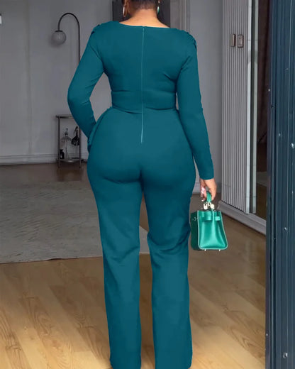 2025 Swing Collar Ruched Jumpsuit Long Sleeve Solid Elegant Office Lady Asymmetric Hem Casual Vintage Ruched Slim Autumn