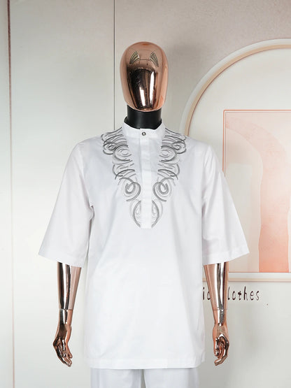 New African Traditional Clothes For Business Men Embroidery Dashiki Robe Shirt and Pants Sets 2 PCS Outfits Wedding Party 2025