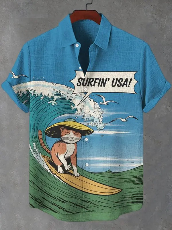 Funny Men's Cat Drinking Beer Shirts 3D Print Hawaiian Shirts Summer Men Women Short Sleeve Blouse Casual Vacation Beach Y2k Top