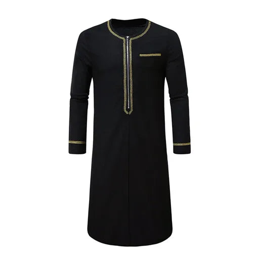 New Men's Round Collar Embroidered Robe Fashion Male Halloween Trend Black Long Coats
