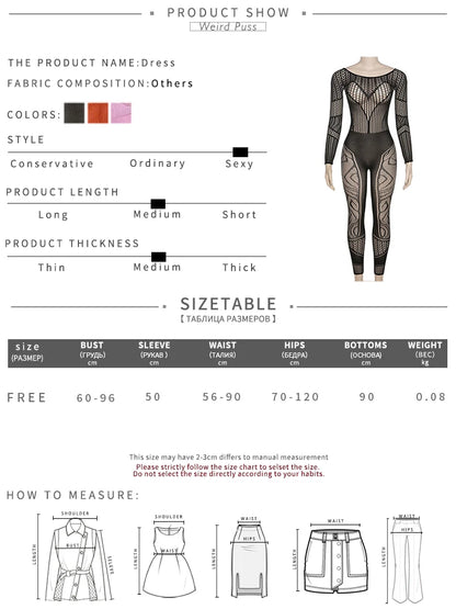 Combinaisons transparentes à manches longues pour femmes, ajourées, style sexy pour soirées, clubs ou danse, tenues galbantes style "coquette".