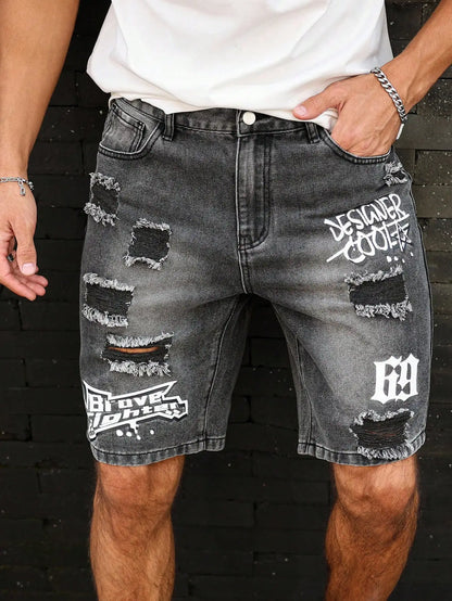 Short Denim Déchiré Imprimé – Style Casual Distressed &amp; Confort d'Été