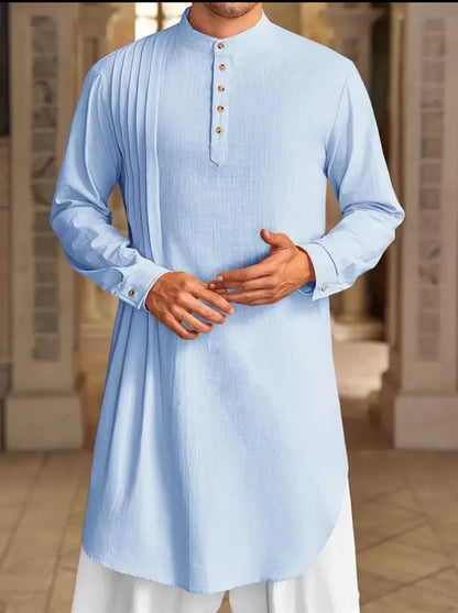 2026 Summer New Muslim Middle East Arab Malaysia Mens Button Cotton Linen Shirt Muslim Robe Long Sleeve Traditional Tops