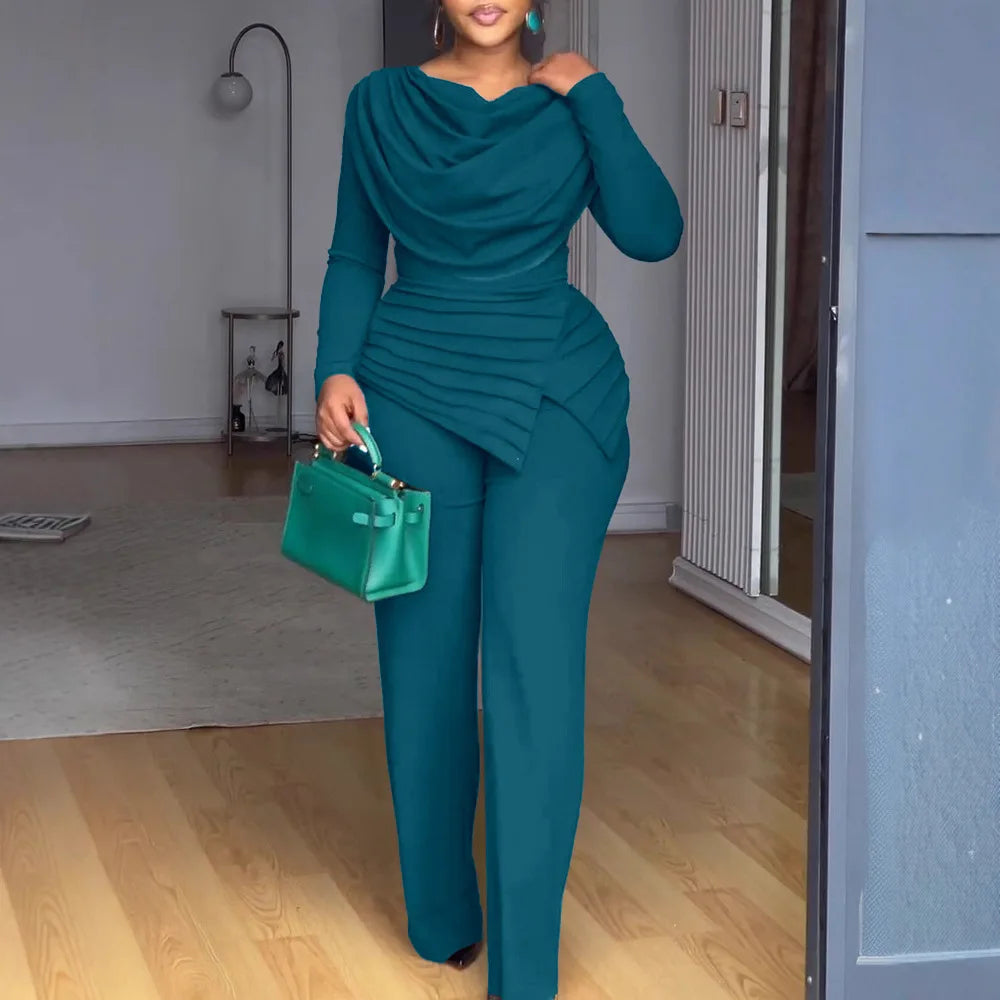 2025 Swing Collar Ruched Jumpsuit Long Sleeve Solid Elegant Office Lady Asymmetric Hem Casual Vintage Ruched Slim Autumn