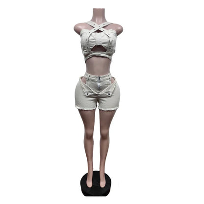 Ensemble 2 pièces Denim – Top Halter & Short Mini – Style Sexy & Club