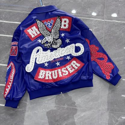 Heavy Industry Embroidery American Retro Motorcycle Coat Men's and Women's Stand Collar Flight Jacket Leather Jacket New Coat