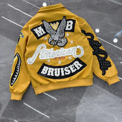 Heavy Industry Embroidery American Retro Motorcycle Coat Men's and Women's Stand Collar Flight Jacket Leather Jacket New Coat