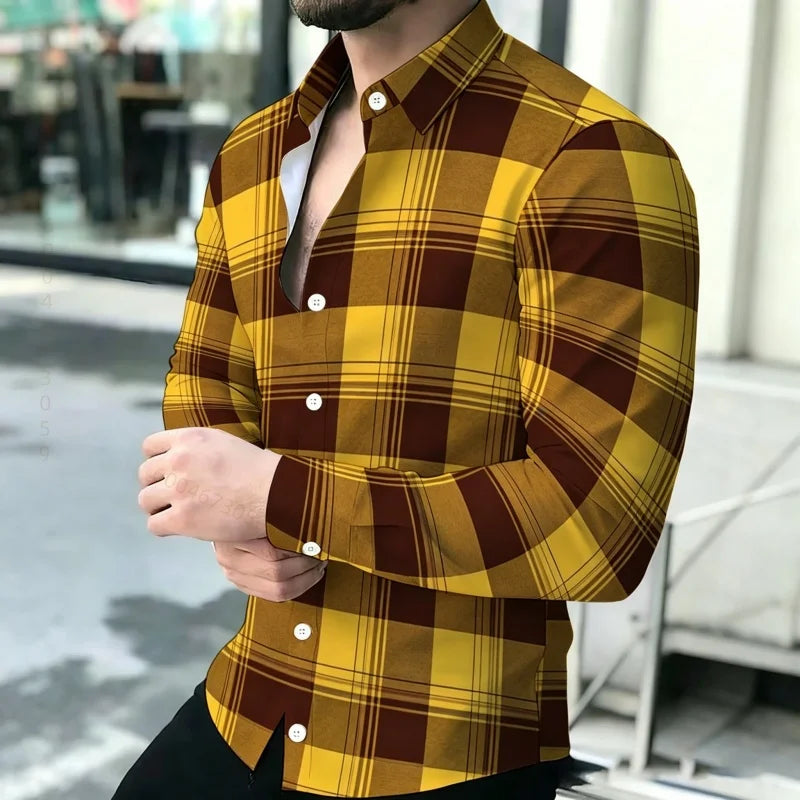 Men's shirt with contrasting stripes, long sleeved shirt, simple geometric lines, slim fit shirt, high-quality business top