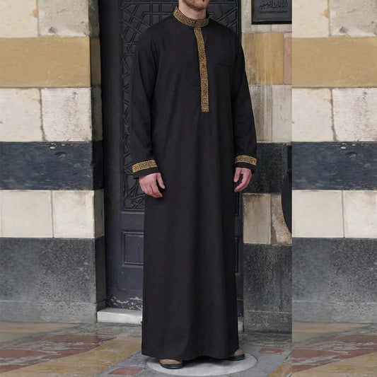 Muslim men's thobe long sleeves embroidered stand-up loose casual Saudi Arabia Islamic men's Abaya parties traditional clothing
