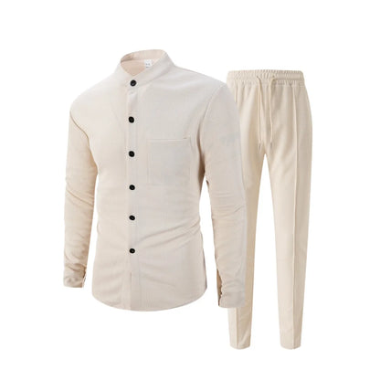New autumn men's suit, waffle plain-colored long-sleevedshirt with pocket cardigan, stylish men's casual clothing long pants set
