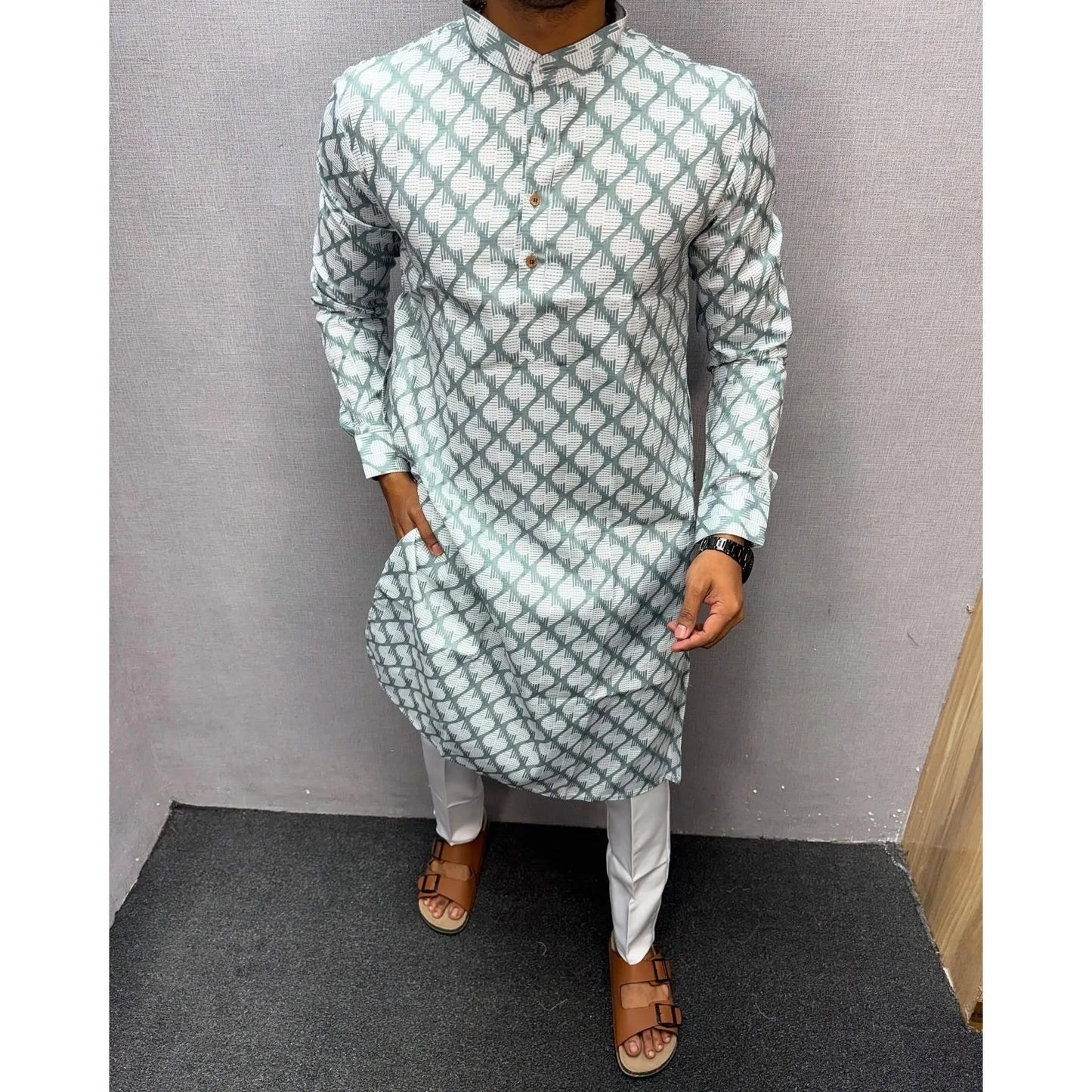Vardha Regular Fit Kurta Mandarin Collar Long Suitable All Occasions Such Wedding Hari Raya Aidilfitri Prayer Wear Man
